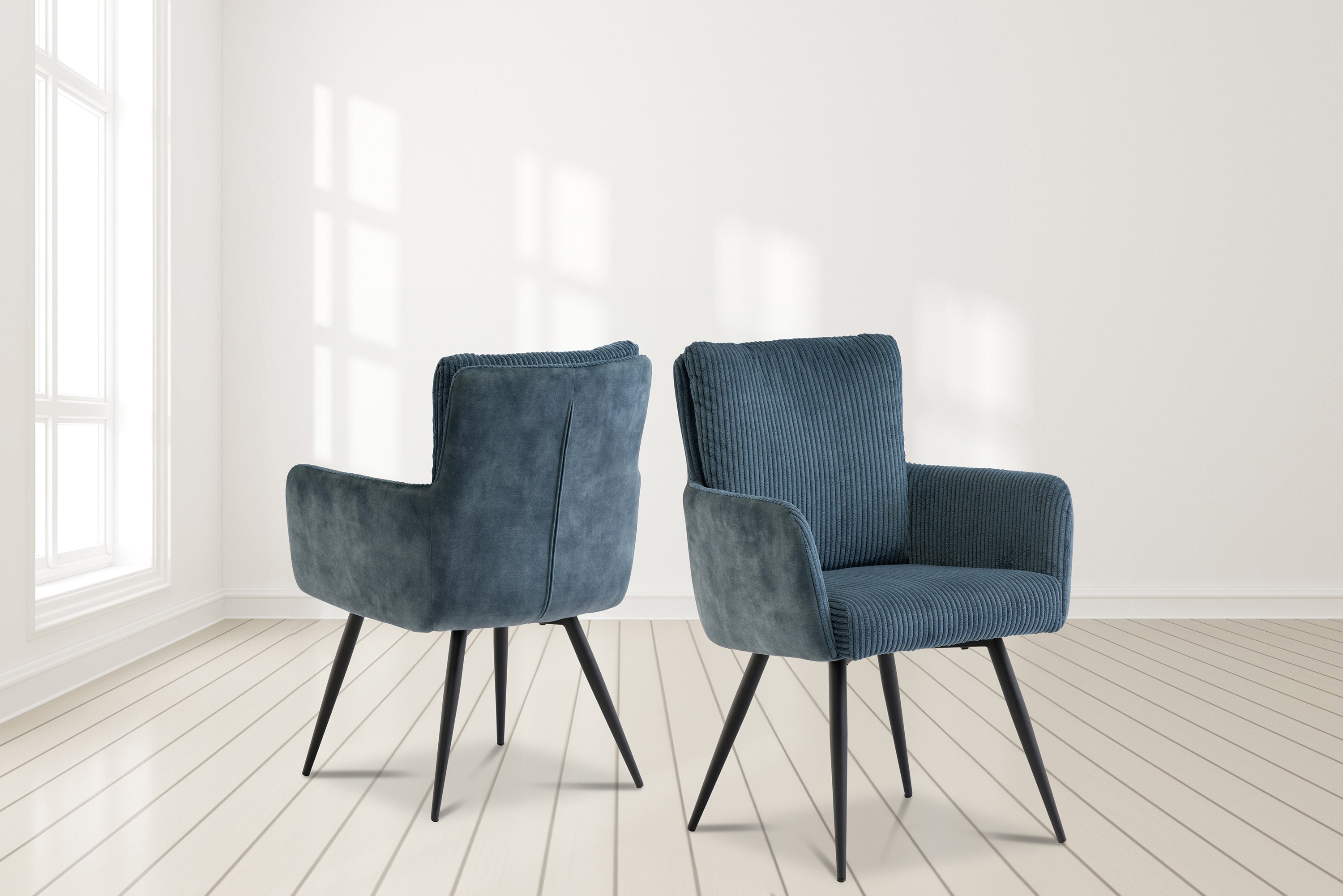 Milo Dining Armchair - Blue Corduroy & Velvet Fabric / Black Leg (Pairs)