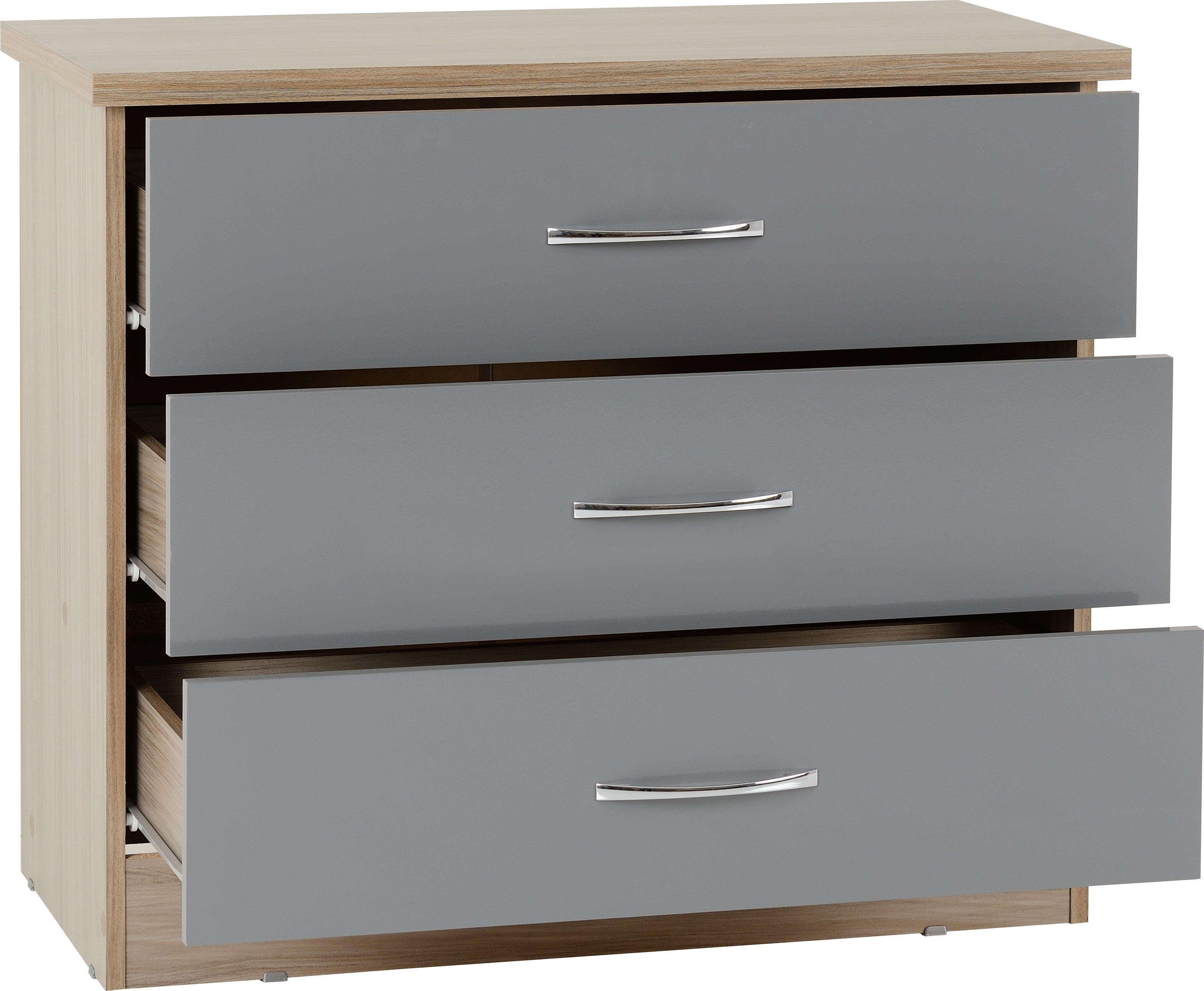 Nevada 3 Drawer Chest Grey Gloss/Light Oak Effect Veneer